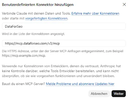 Claude Konnektor hinzufuegen